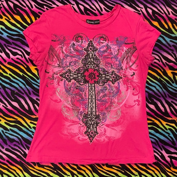 Affliction Tops - Y2k emo grunge mcbling Pink Cross top